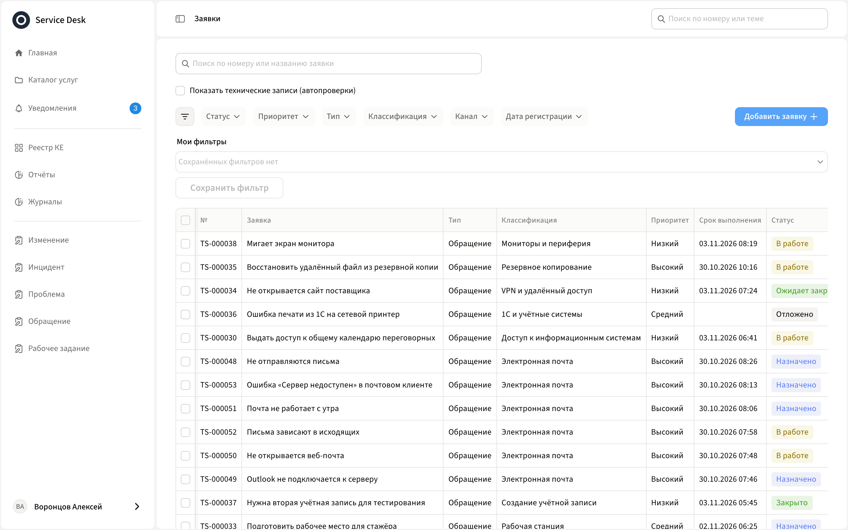 Реестр заявок ИТ-службы